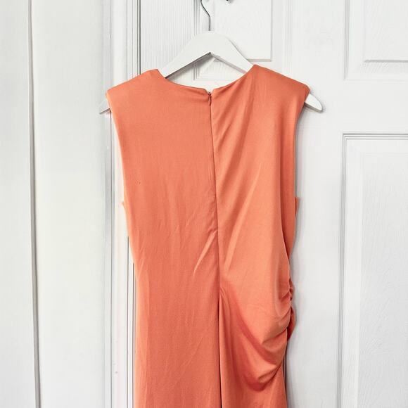 Evereve Zoe Strong Shoulder Ruched Midi Minimalist Slip Dress Orange Sorbet S - Picture 8 of 12